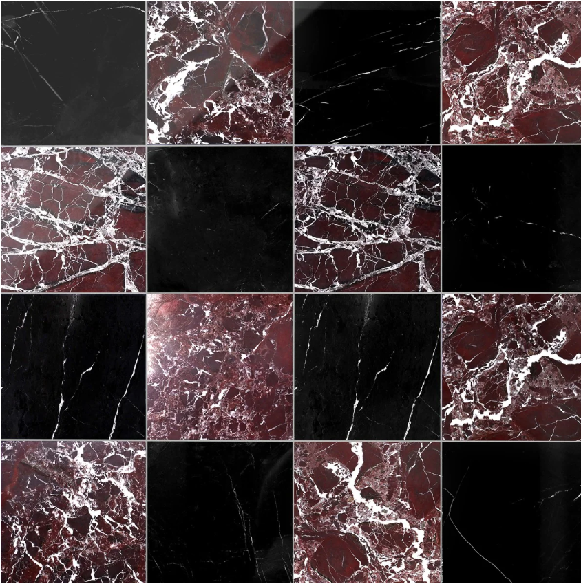 Alterno Black Silk and Rosso Levanto Red Checkerboard Polished 12" X 12"