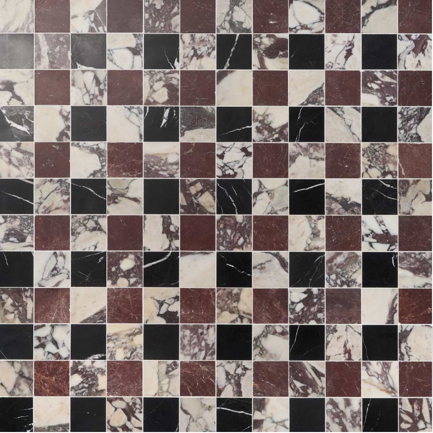 Calacatta Viola Premium and Red Bordeaux and Black 4x4 Checkerboard Honed Mosaic
