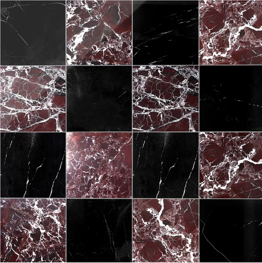 Alterno Black Silk and Rosso Levanto Red  Checkerboard Polished 12" X 12"