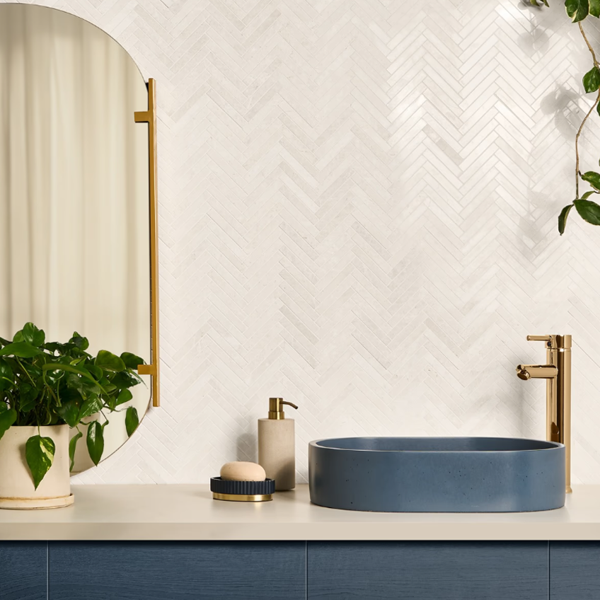 Mosa White 1/2" x 4"  Herringbone Polished Mosaic