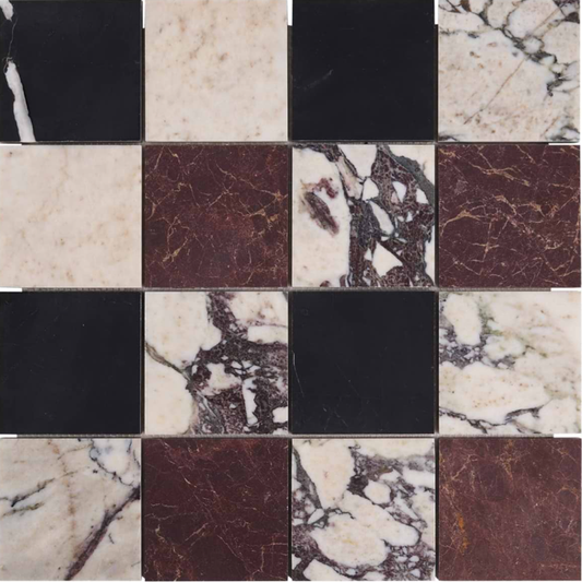 Calacatta Viola Premium and Red Bordeaux and Black 4x4  Checkerboard Honed Mosaic