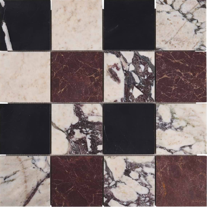 Calacatta Viola Premium and Red Bordeaux and Black 4x4  Checkerboard Honed Mosaic