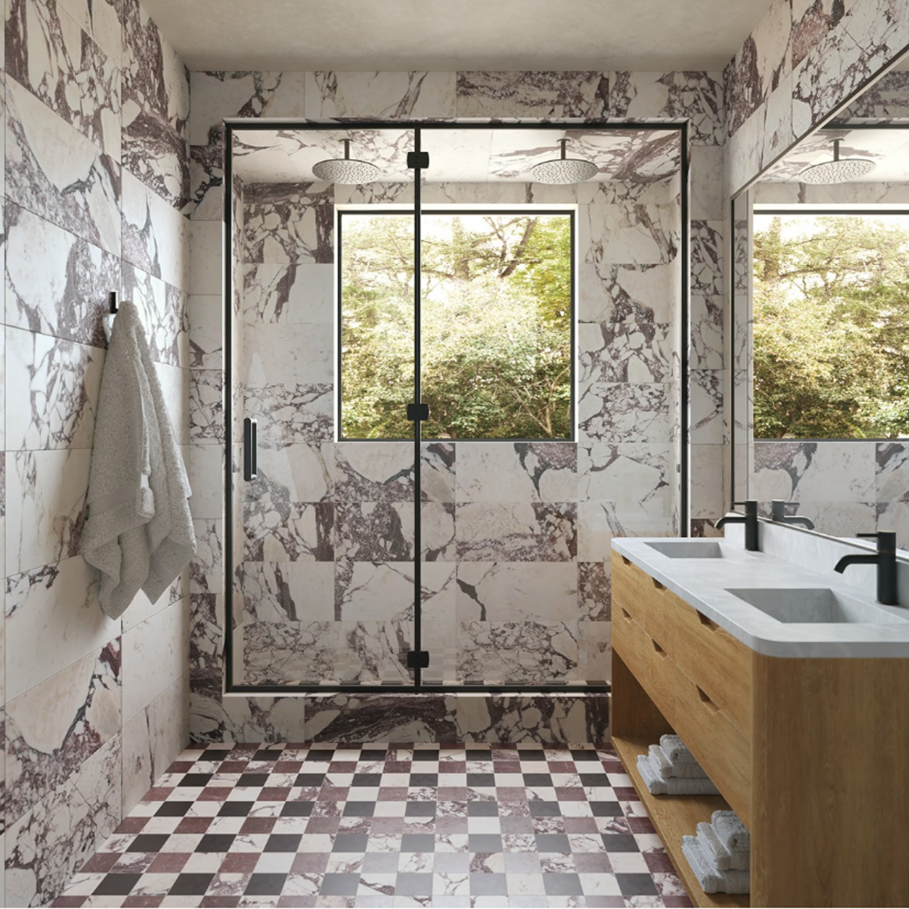 Calacatta Viola Premium and Red Bordeaux and Black 4x4  Checkerboard Honed Mosaic