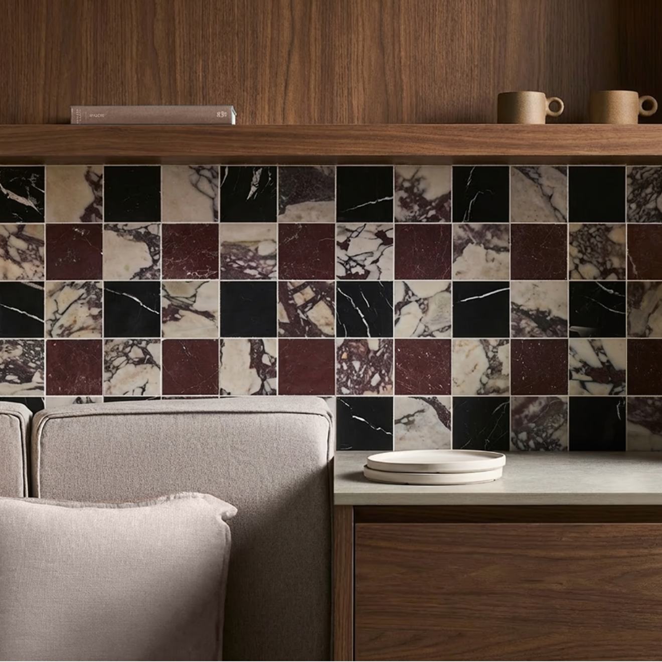Calacatta Viola Premium and Red Bordeaux and Black 4x4  Checkerboard Honed Mosaic