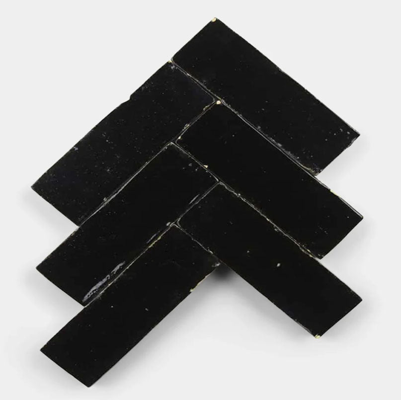 Midnight Black Handmade Glazed Clay Tile — 2" × 6"