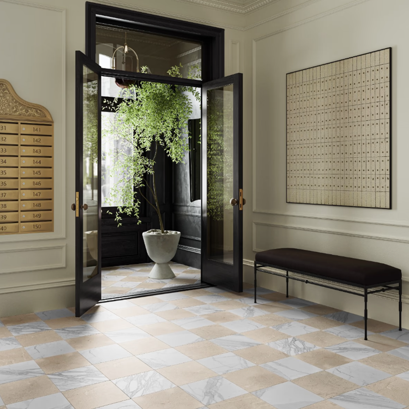 Avanti Calacatta Gold and Crema Marfil Beige 12" x 12" Tumbled  Checkerboard
