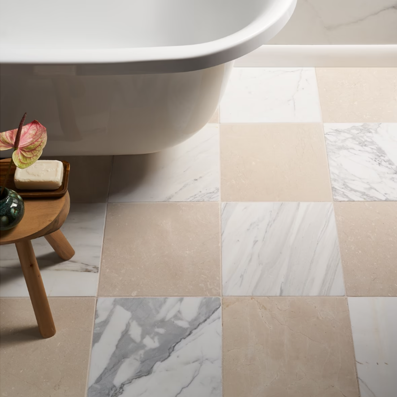 Avanti Calacatta Gold and Crema Marfil Beige 12" x 12" Tumbled  Checkerboard