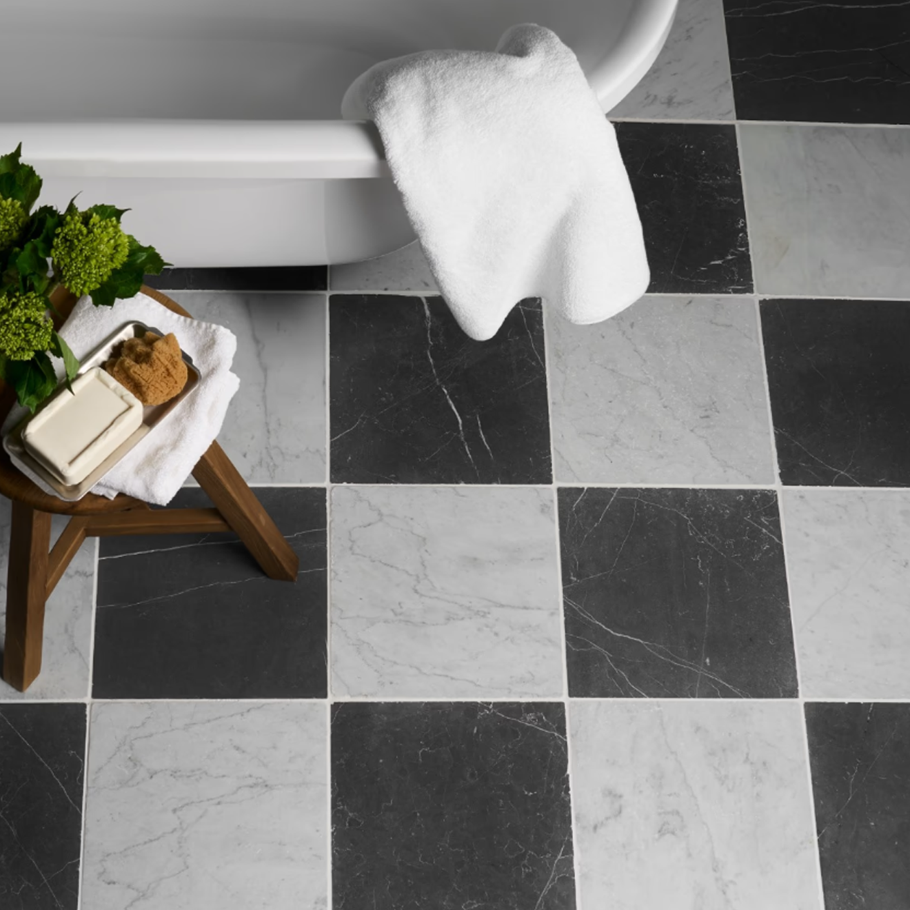 Avanti Nero Marquina Black and Bianco Carrara White 12" x 12" Tumbled  Checkerboard