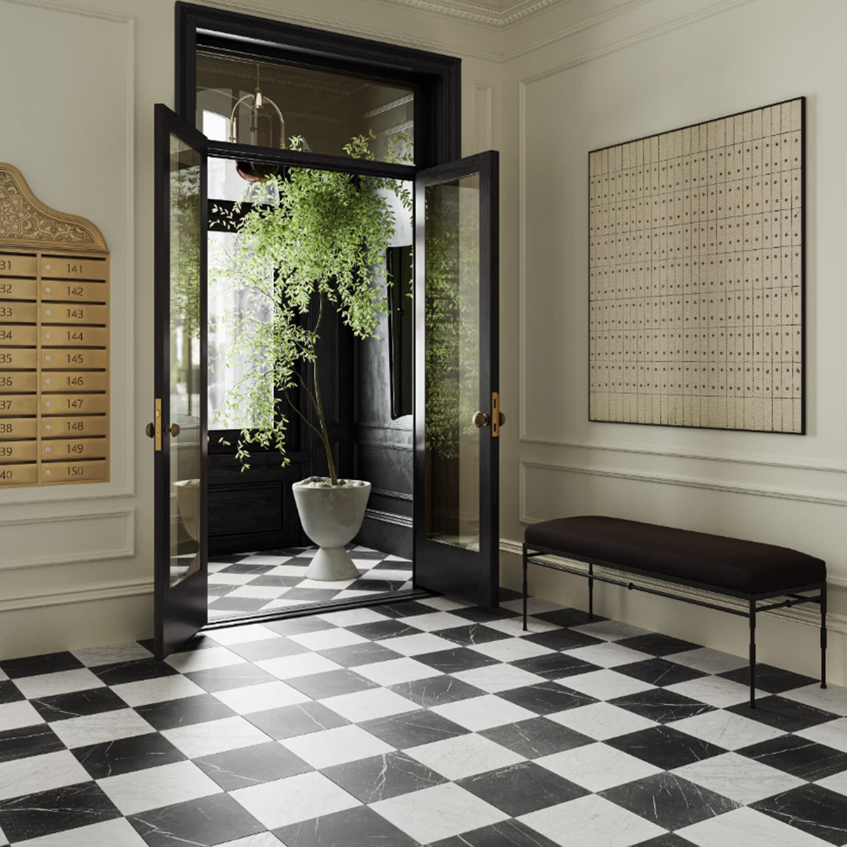 Avanti Nero Marquina Black and Bianco Carrara White 12" x 12" Tumbled  Checkerboard