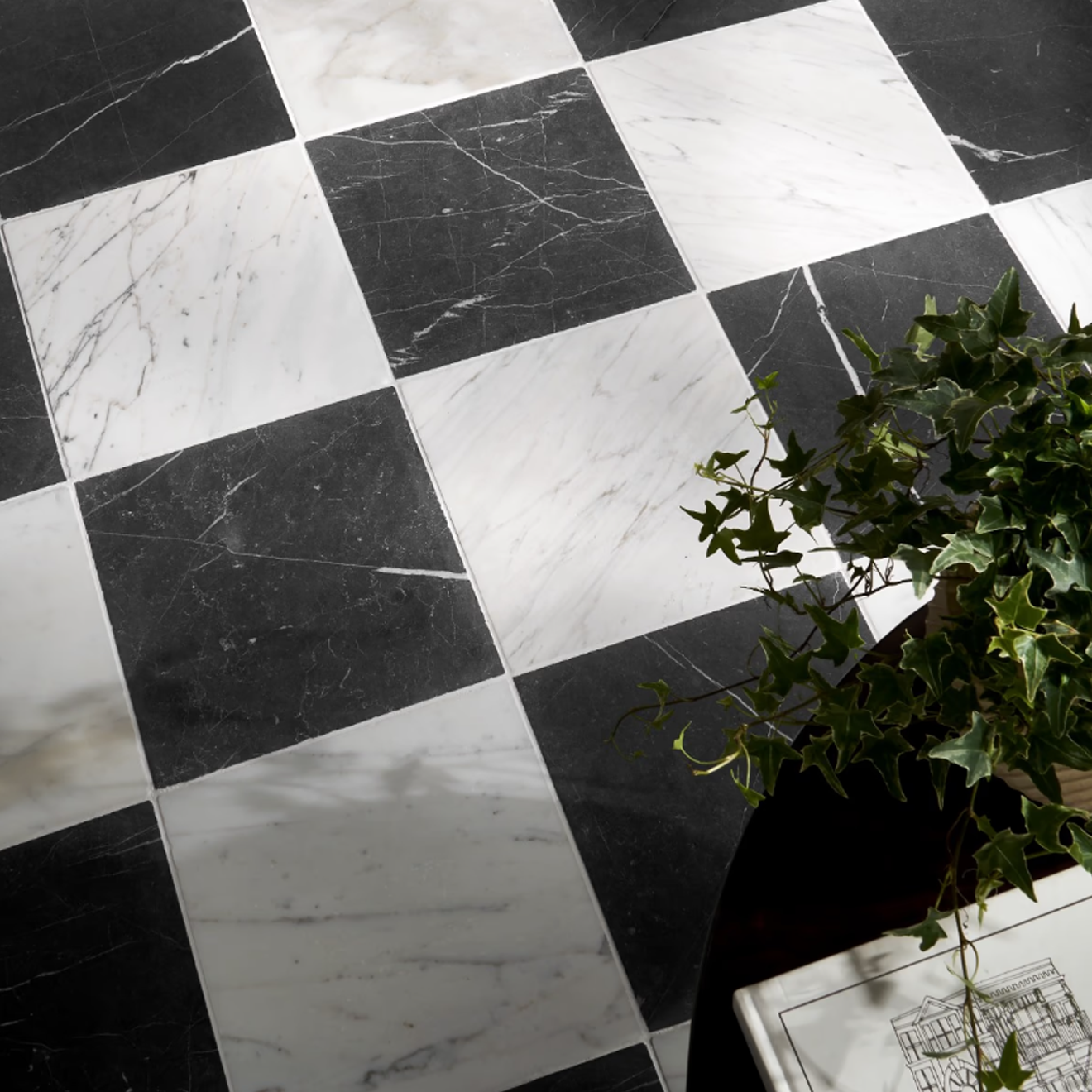 Avanti Nero Marquina Black and Calacatta Gold 12" x 12" Tumbled  Checkerboard