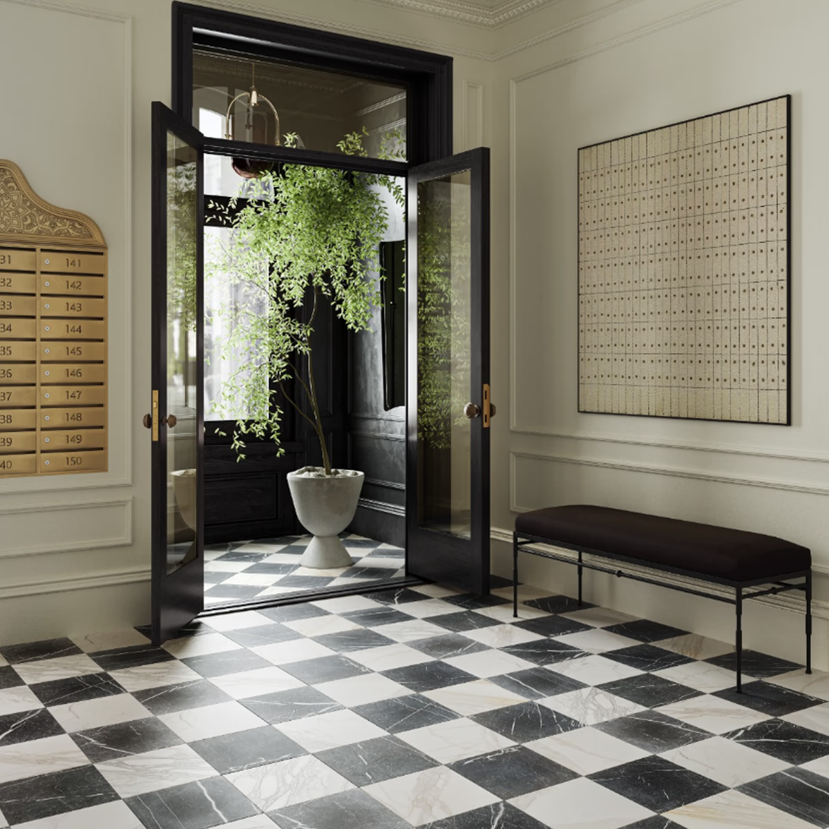 Avanti Nero Marquina Black and Calacatta Gold 12" x 12" Tumbled  Checkerboard