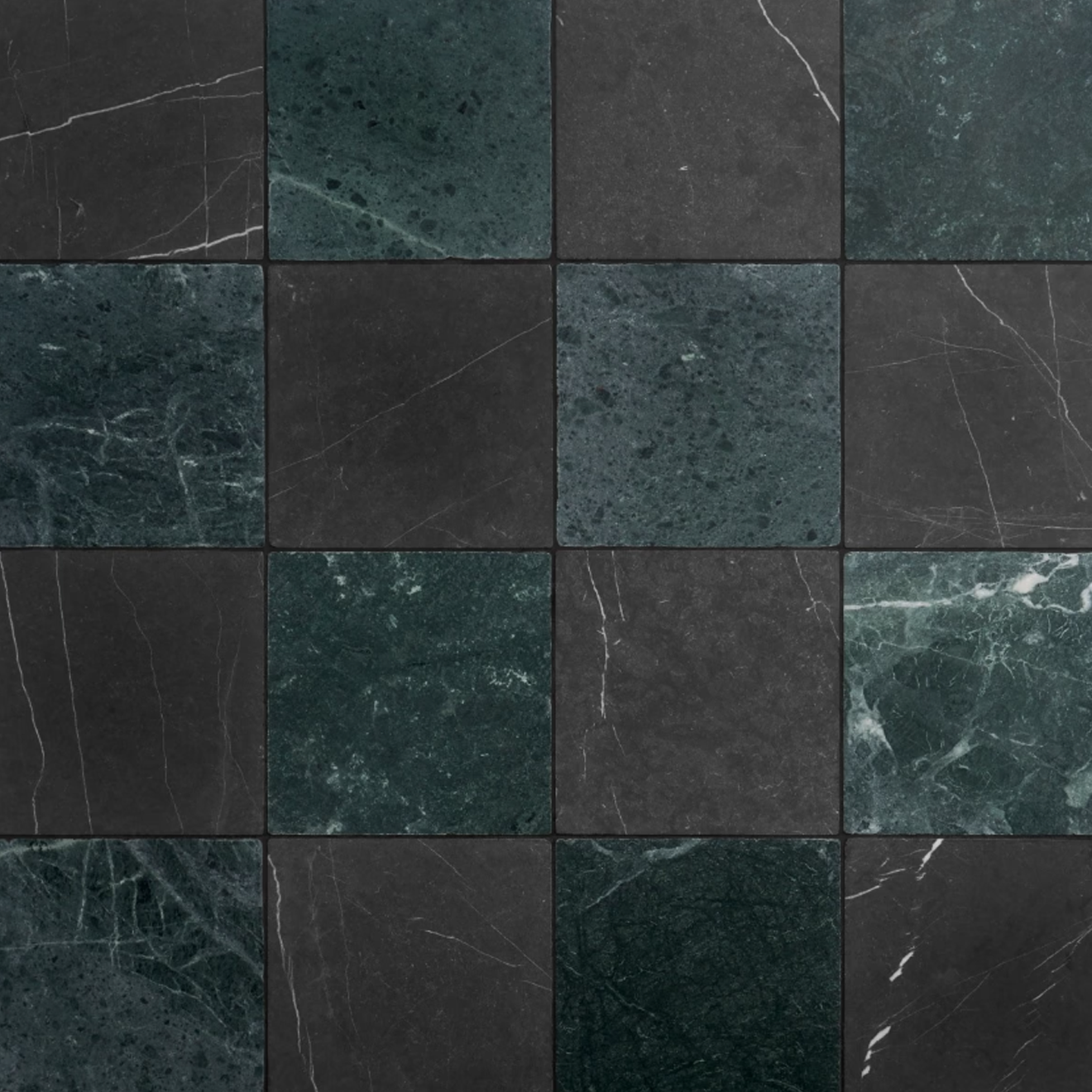 Avanti Nero Marquina Black and Verde Green 12" x 12" Tumbled  Checkerboard