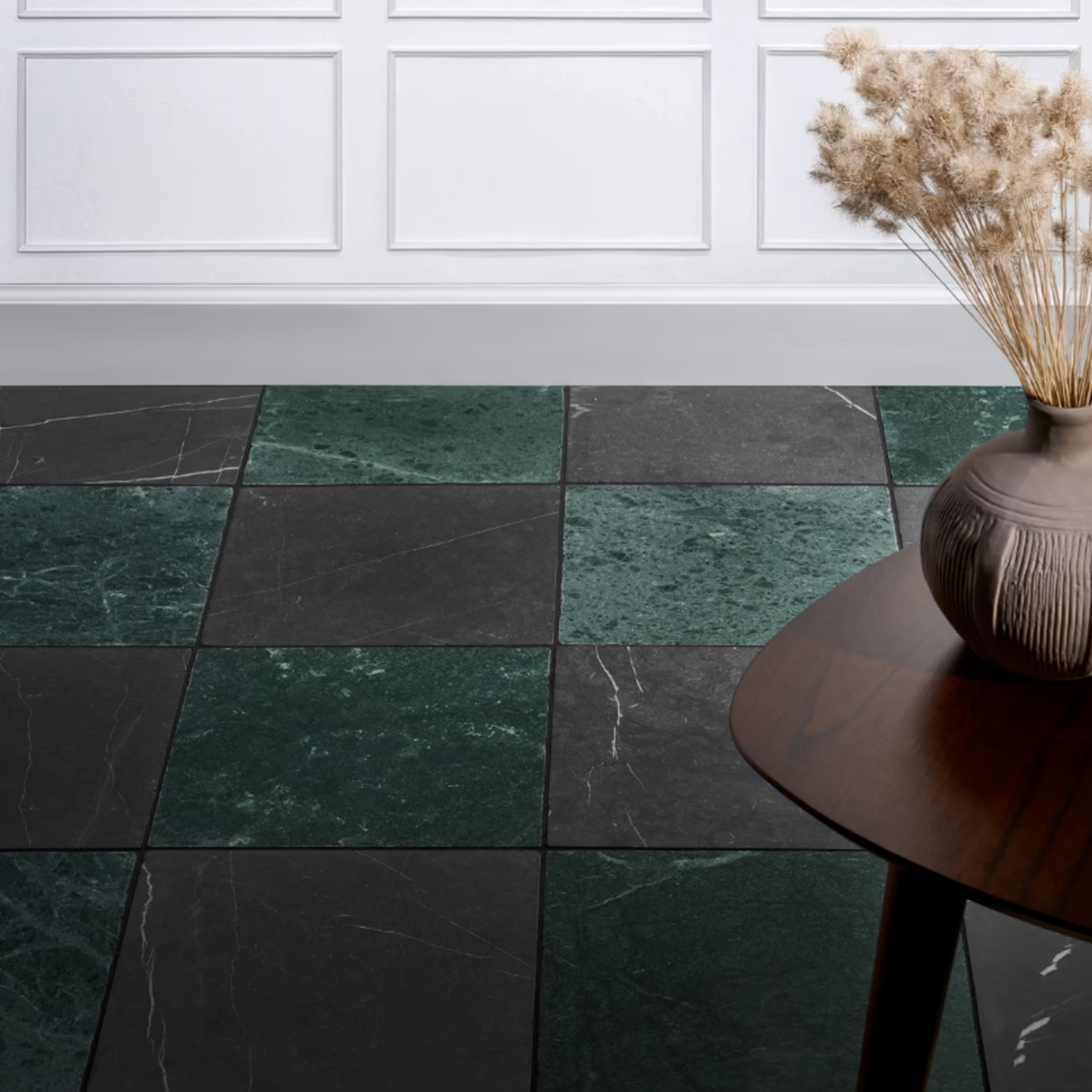 Avanti Nero Marquina Black and Verde Green 12" x 12" Tumbled  Checkerboard