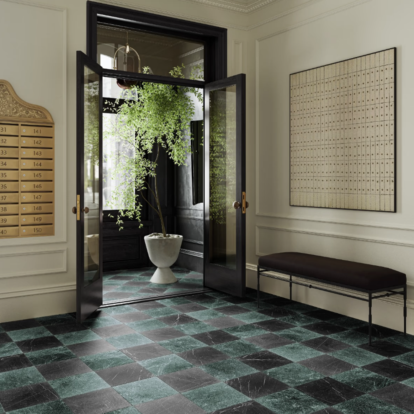 Avanti Nero Marquina Black and Verde Green 12" x 12" Tumbled  Checkerboard