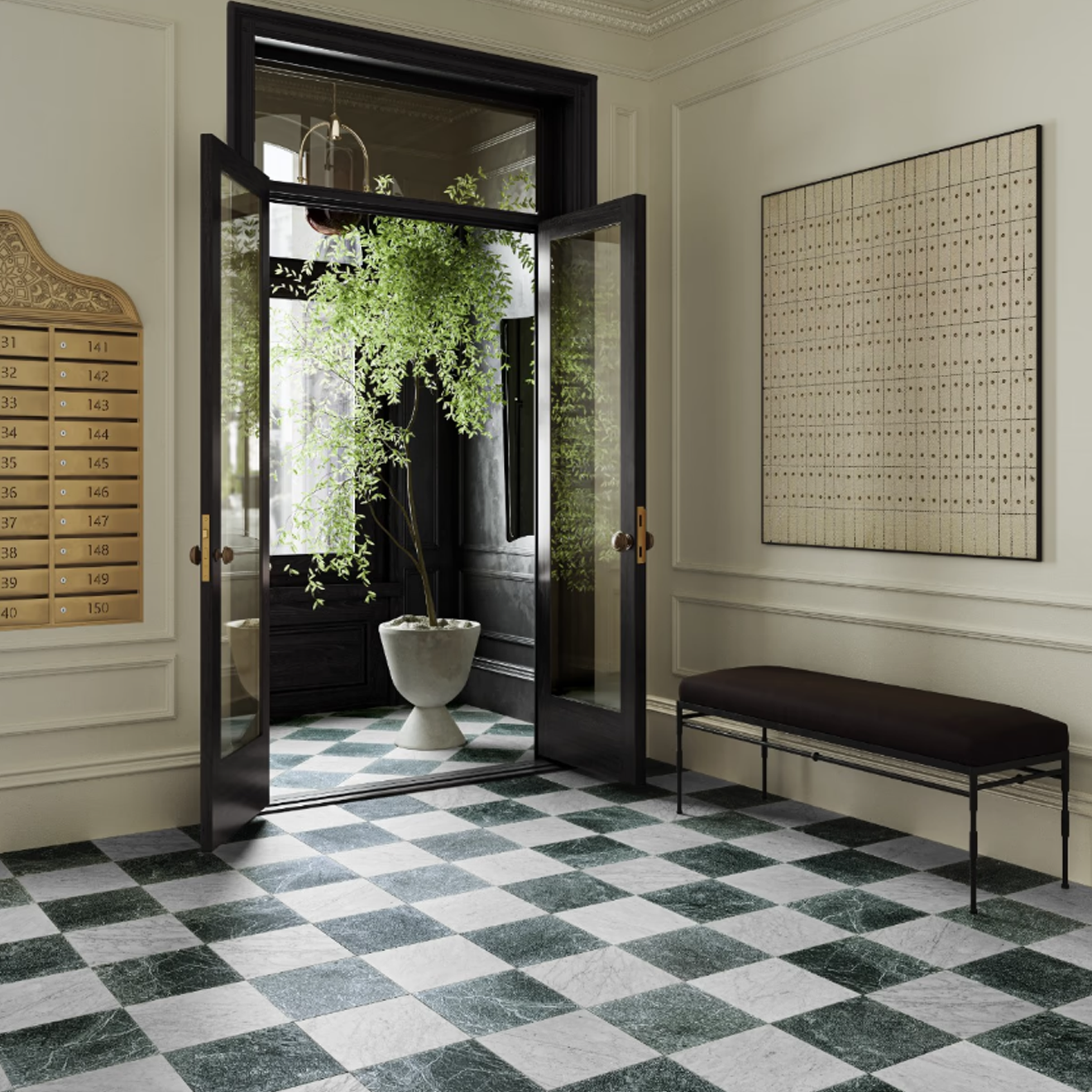 Avanti Verde Green and Bianco Carrara White 12" x 12" Tumbled  Checkerboard