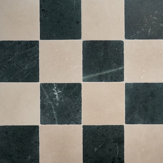 Avanti Verde Green and Crema Marfil Beige 12" x12" Tumbled Marble Checkerboard