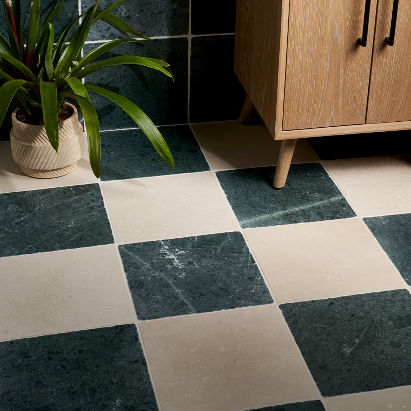 Avanti Verde Green and Crema Marfil Beige 12" x12" Tumbled Marble Checkerboard