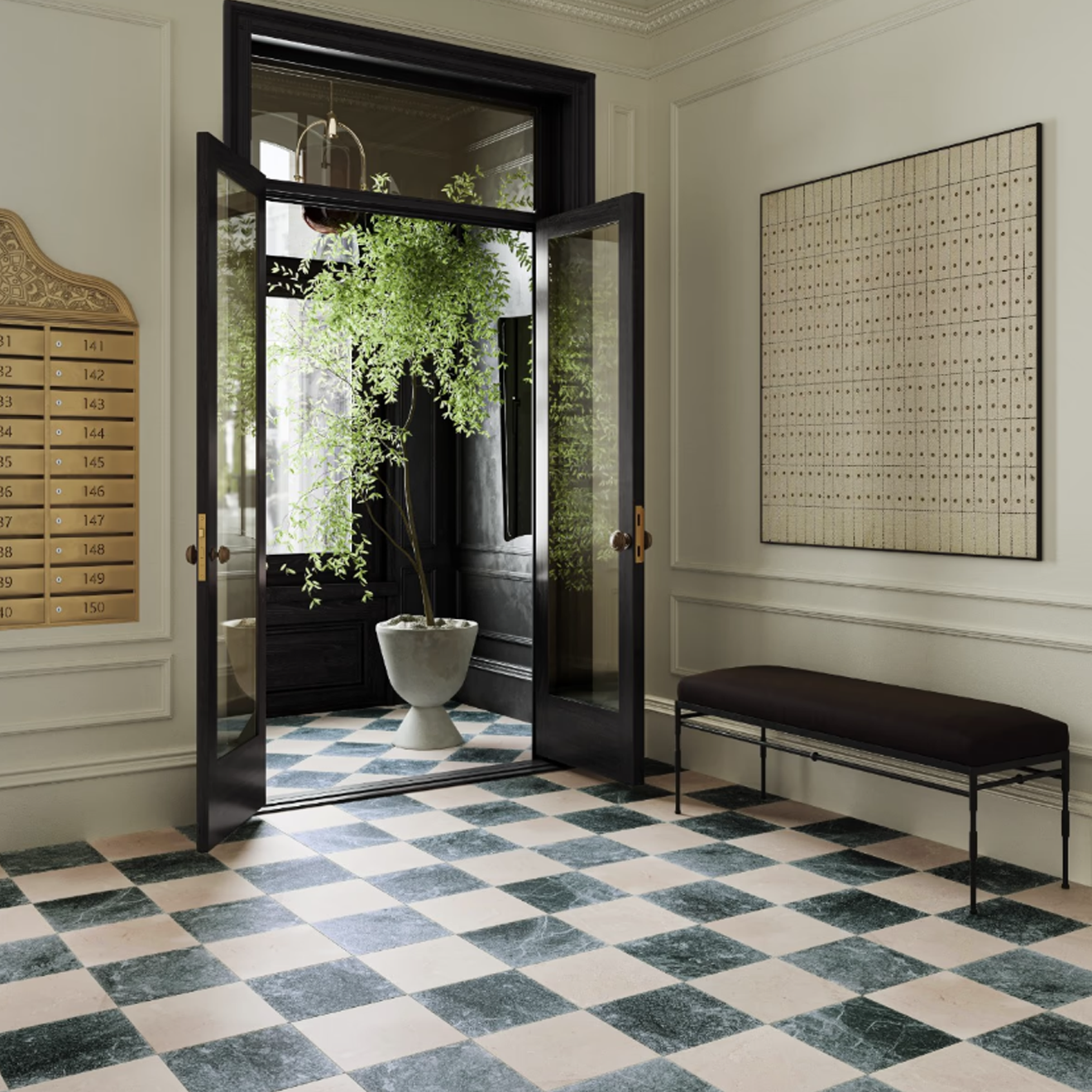 Avanti Verde Green and Crema Marfil Beige 12" x12" Tumbled Marble Checkerboard