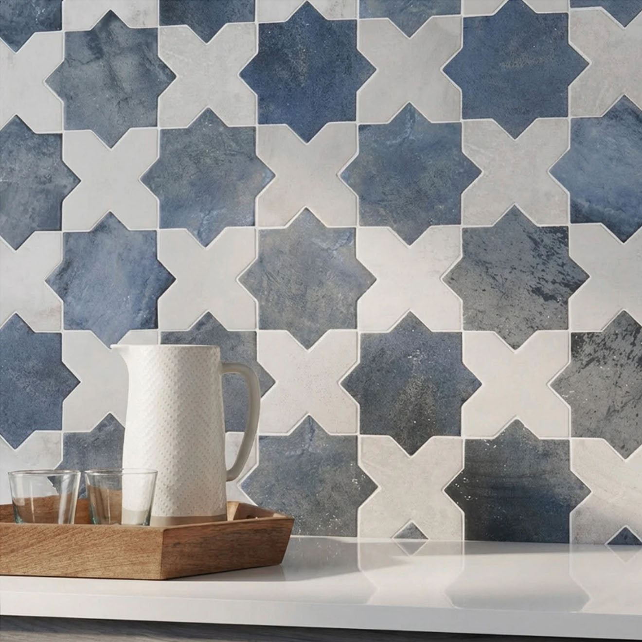 Parma Denim Blue Star and White Cross 6.10" x 6.10" Terracotta Look Matte
