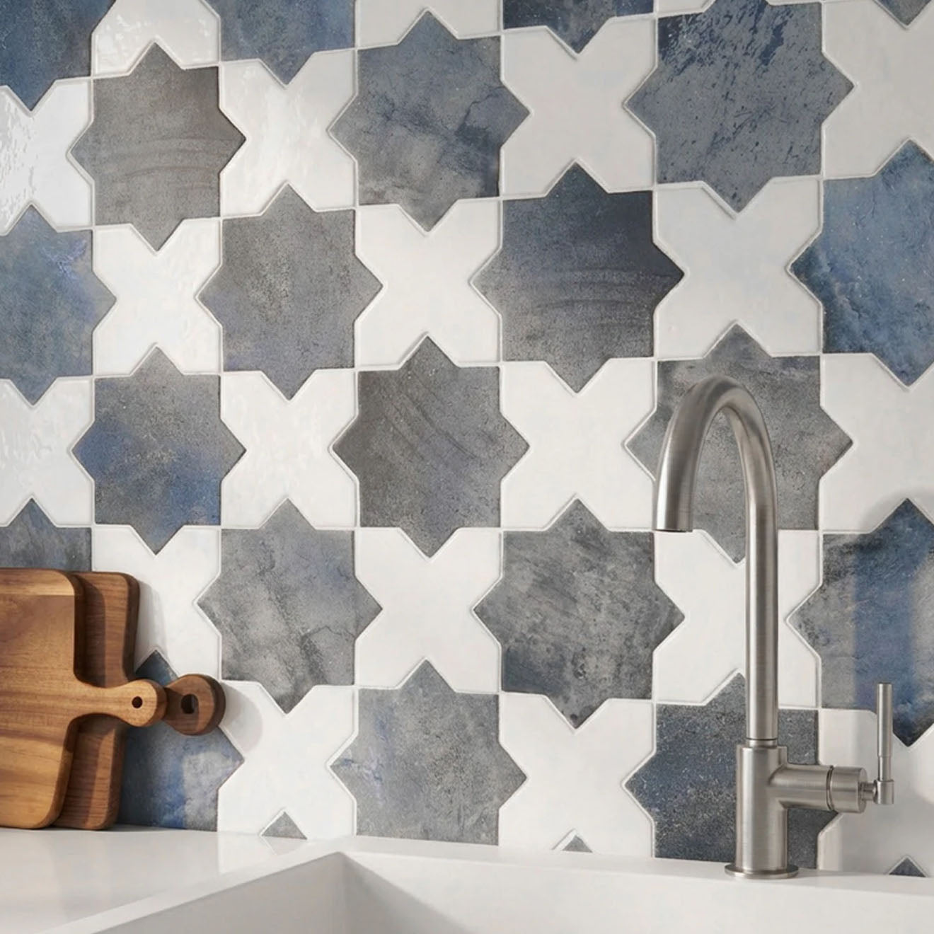 Parma Denim Blue Star Matte and White Polished Cross 6.10" x 6.10" Terracotta Look